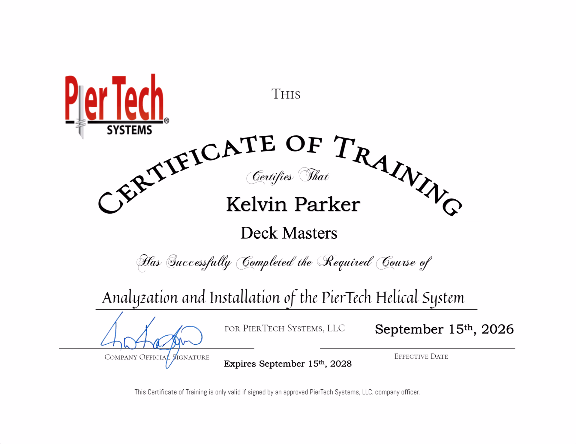 PierTech Systems training certificate for Kelvin Parker — analysis and installation of the PierTech helical system, September 15, 2026